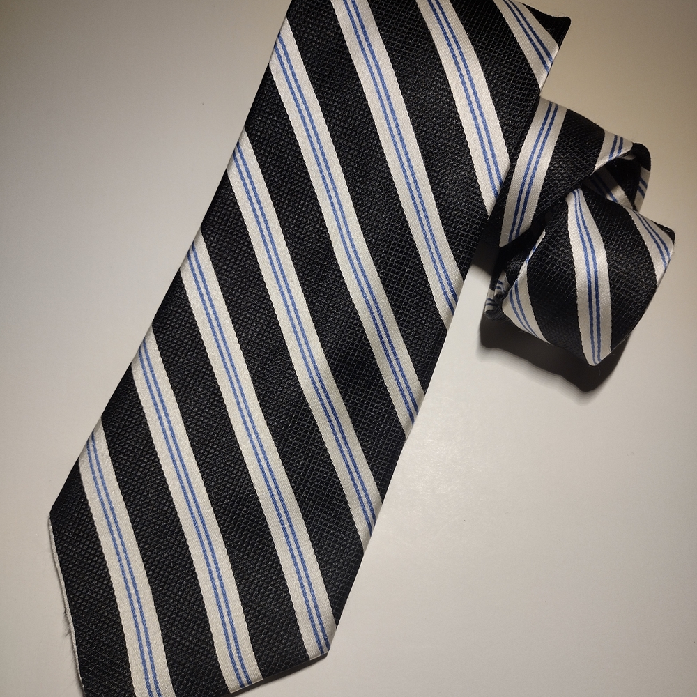 Jos. A. Bank Black and White Striped Tie with Blue Accents